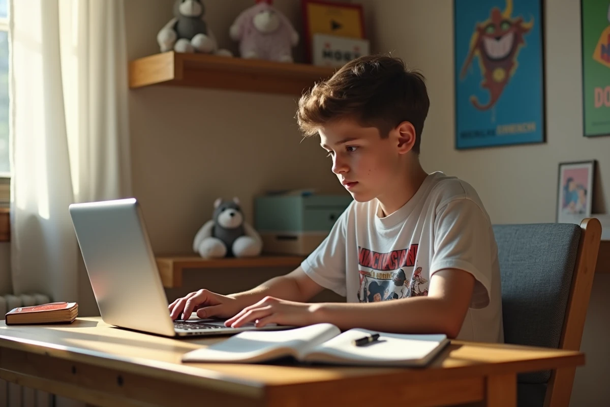 Adolescent utilisant un ordinateur dans sa chambre