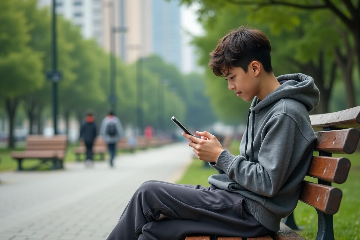 Adolescent lisant manga sur smartphone dans un parc urbain