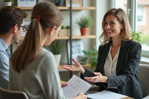 Agent immobilier femme conseille un couple dans un bureau lumineux