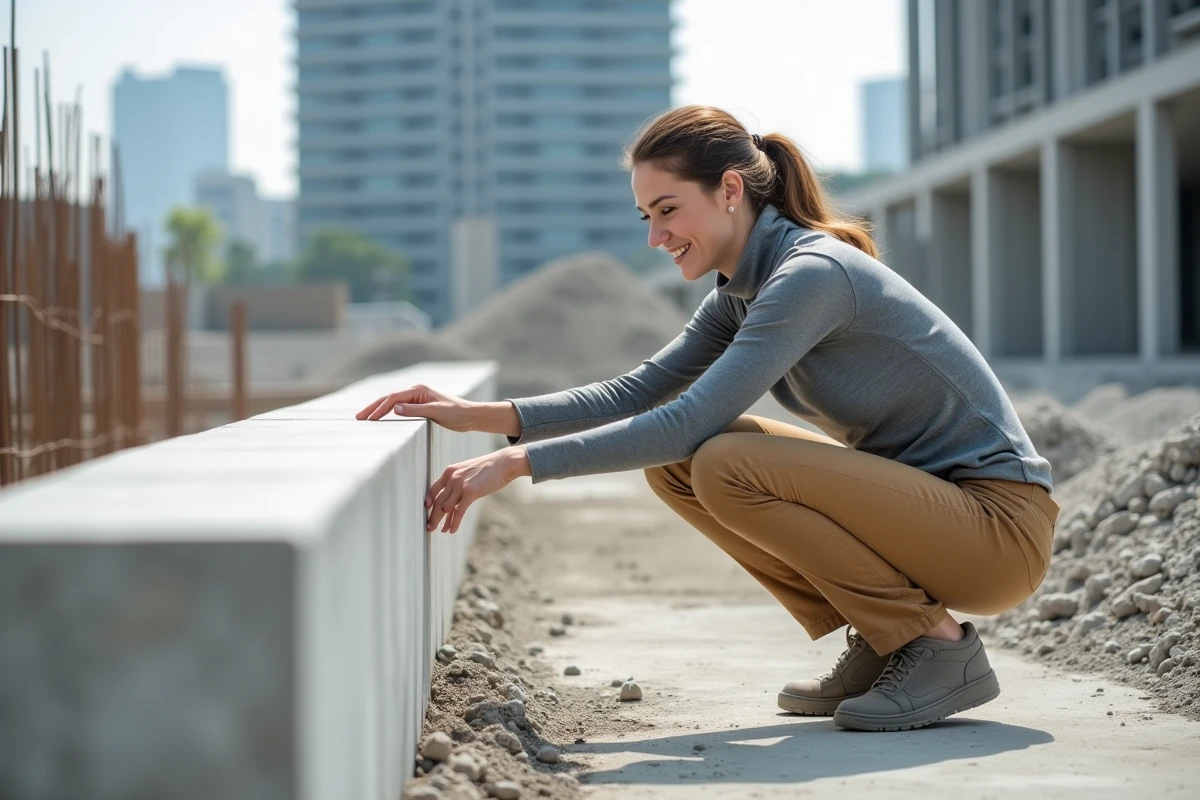 Jeune architecte observe une paroi en béton fraîche