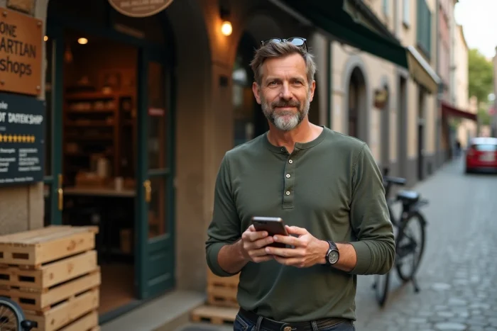 Artisan TPE consultant son profil Google Business sur smartphone devant son atelier