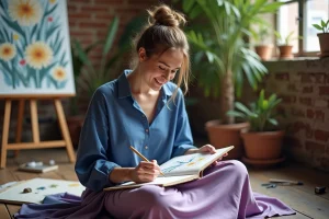 Femme créant des esquisses florales dans son studio artistique