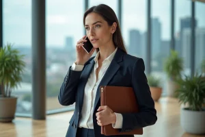 Attachée de presse professionnelle australienne en blazer marine dans un bureau moderne avec vue sur une skyline urbaine