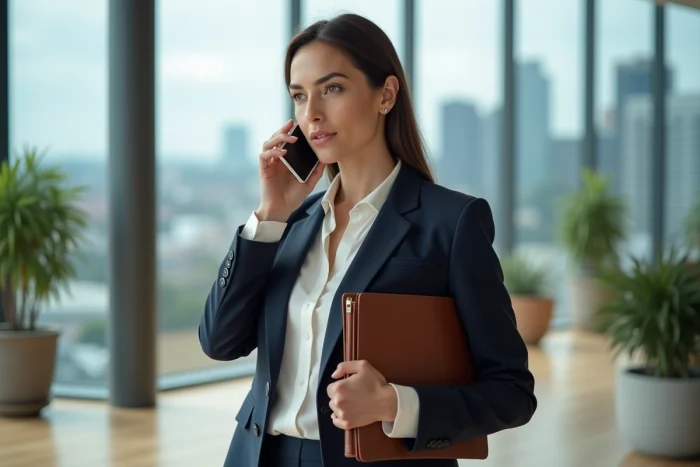 Attachée de presse professionnelle australienne en blazer marine dans un bureau moderne avec vue sur une skyline urbaine