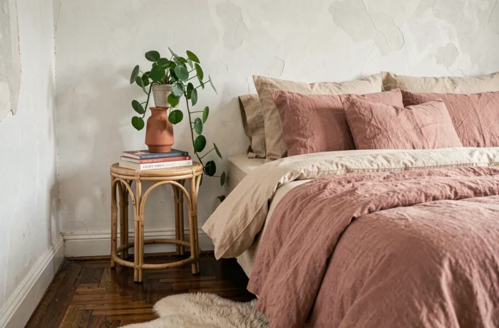 Coin chambre cosy avec literie en lin beige et rose poudré, table de chevet en rotin et plante verte, tendances décoration chambre maison