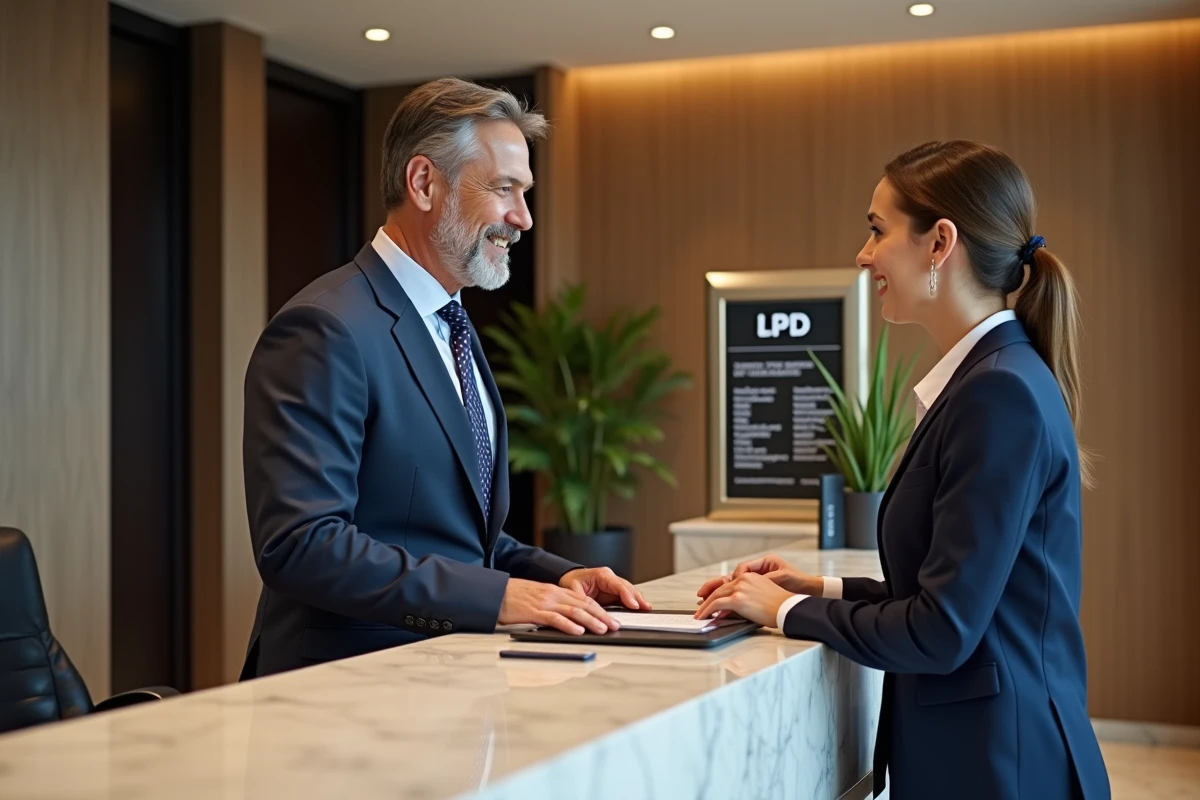 Homme d affaires vérifiant son enregistrement à la réception d un hôtel