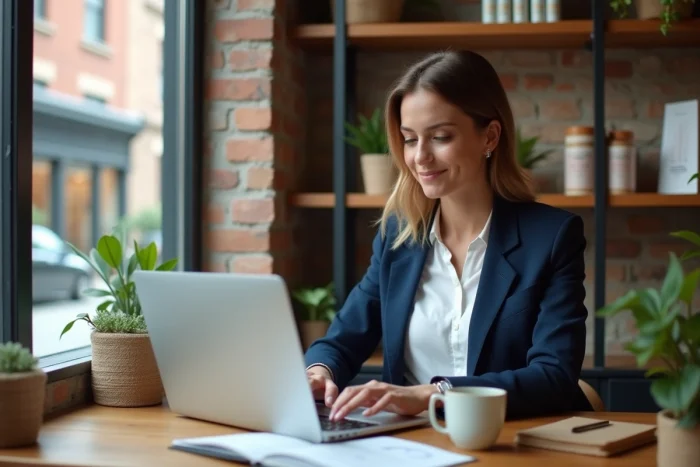 Cheffe d'entreprise d'une PME travaillant sur la visibilité en ligne de sa boutique depuis son bureau