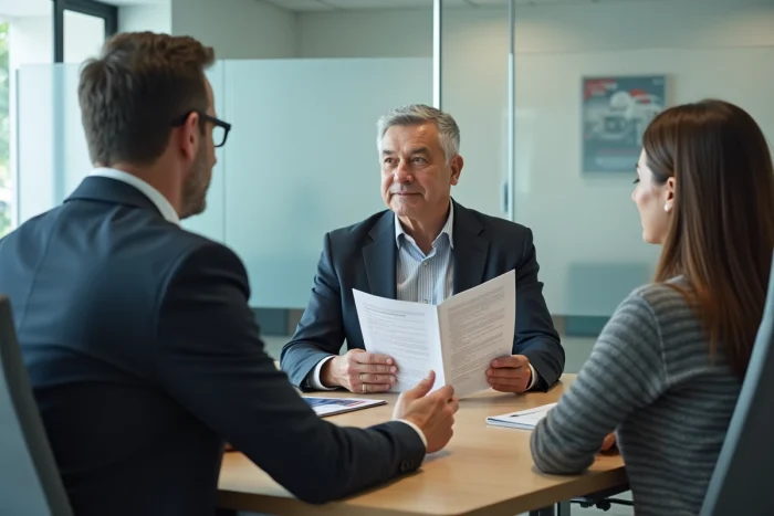 Conseiller en assurance Previlion expliquant les garanties à un couple de clients