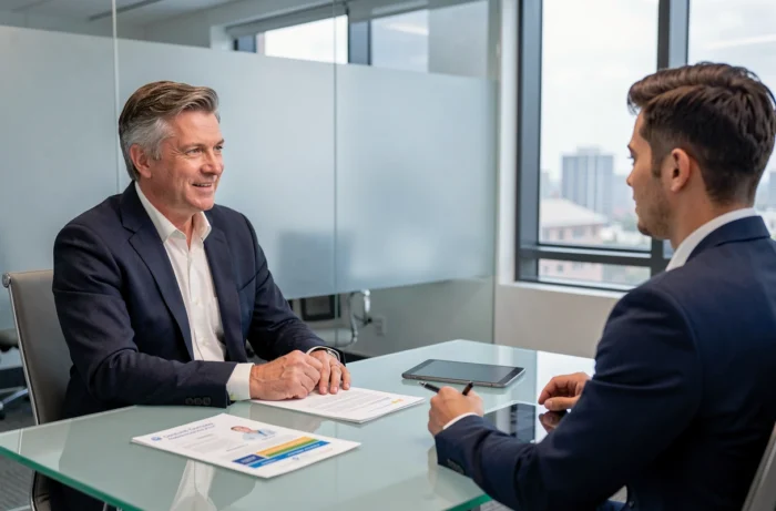 Conseiller en assurance expliquant les garanties d'une mutuelle santé à un client en agence