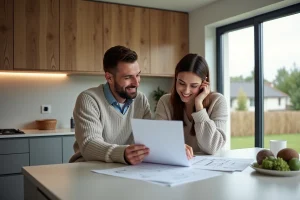 Couple souriant en cuisine examinant plans Natilia