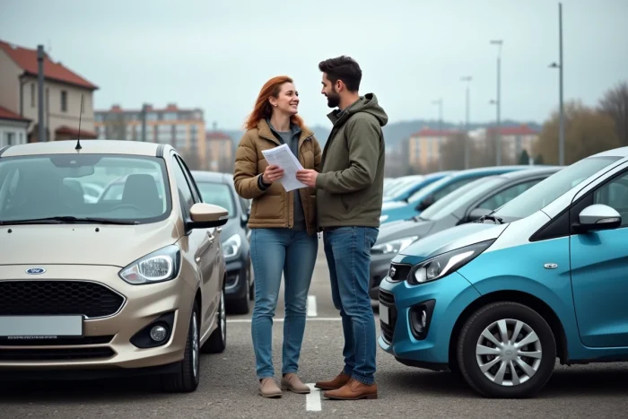 Couple comparant deux voitures d'occasion dans un parking de concessionnaire automobile