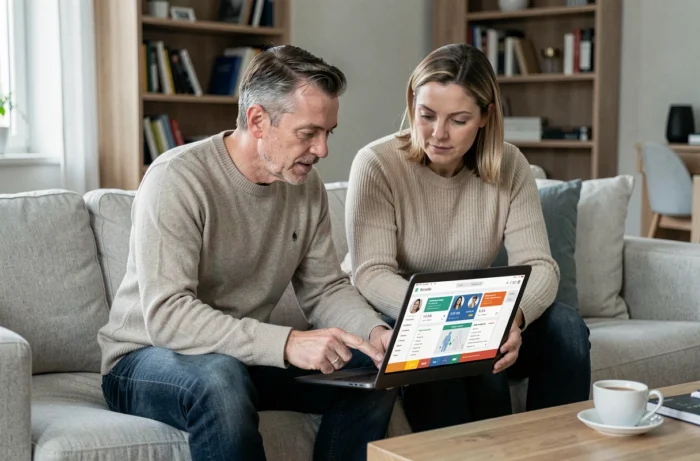 Couple consultant une plateforme de comparaison de mutuelles santé sur un ordinateur portable