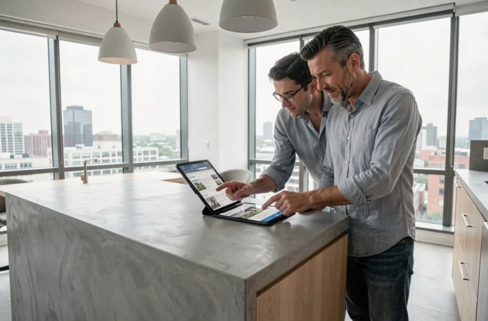 Couple consultant des annonces immobilières sur une tablette dans une cuisine moderne avec vue sur la ville