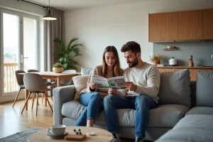 Jeune couple discutant d'une brochure immobiliere dans un salon lumineux