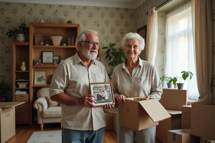 Couple de retraités en train de faire leurs cartons dans leur maison familiale avant une vente immobilière