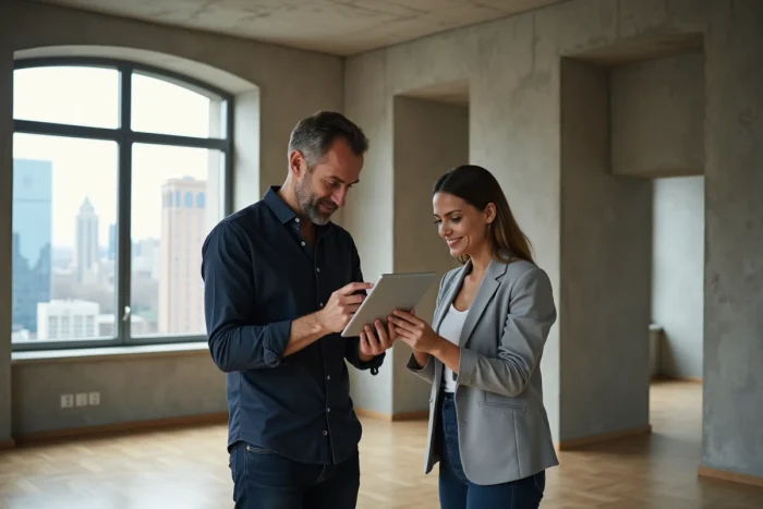 Couple visitant un appartement vide et consultant des annonces immobilières sur une tablette numérique