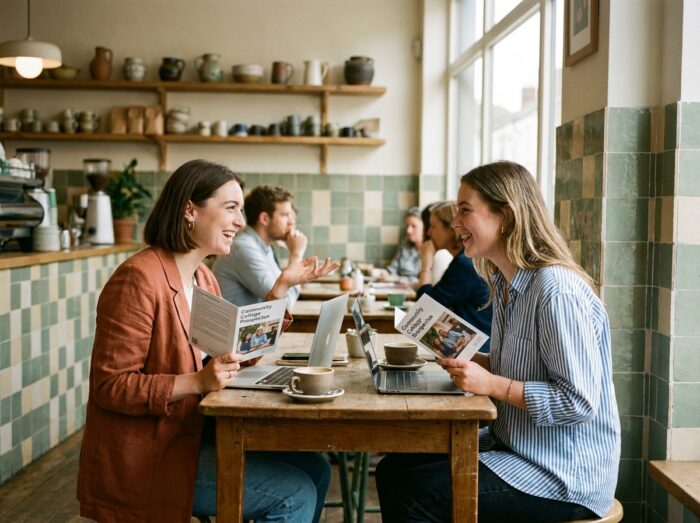 Deux femmes discutant du choix d'une école de design d'intérieur dans un café