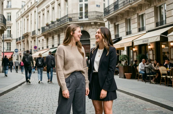 Deux jeunes femmes stylées en tenues FB Sister riant ensemble dans une rue urbaine animée aux façades en pierre