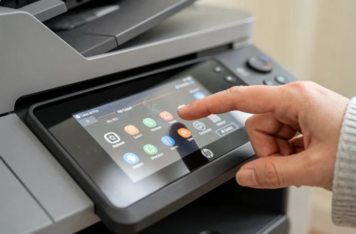 Gros plan sur l'écran tactile couleur de l'imprimante HP LaserJet Pro M281fdw avec une main féminine interagissant avec le panneau de commande