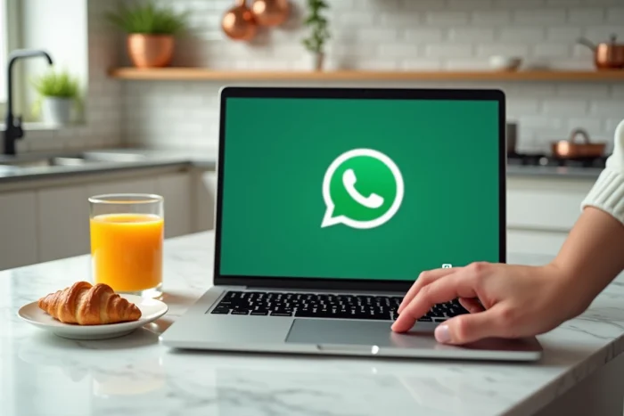 Écran d'ordinateur portable affichant une interface d'appel WhatsApp Web posé sur un comptoir de cuisine en marbre
