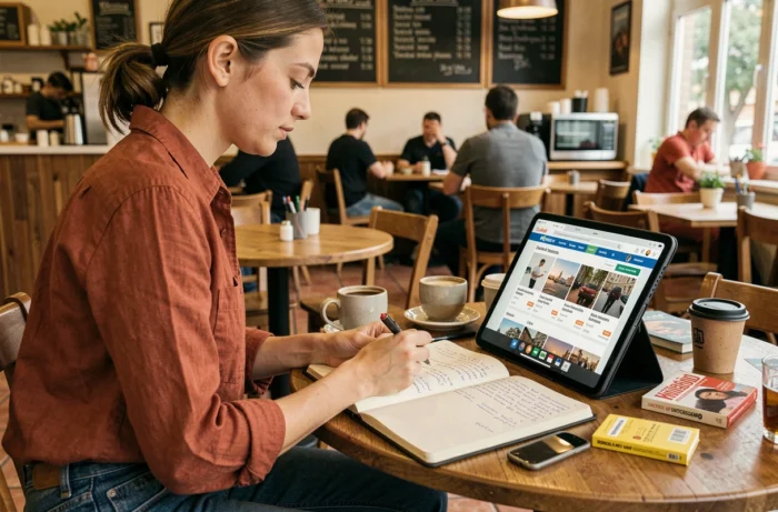 Jeune entrepreneuse gérant ses annonces gratuites en ligne depuis un café avec tablette et notes