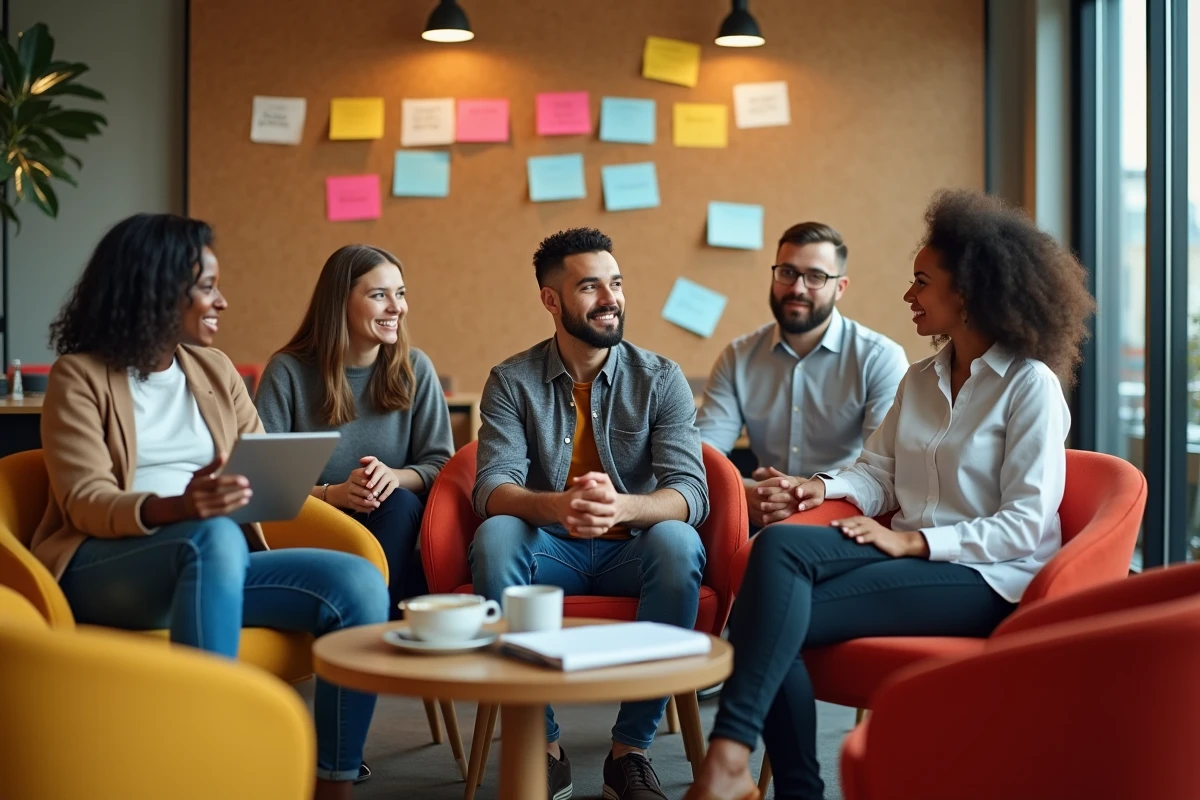 Equipe multiculturelle en discussion informelle