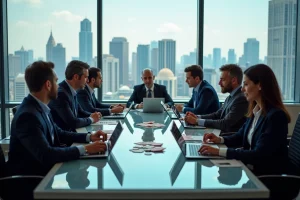 Groupe de professionnels autour d'une table avec devises et graphiques