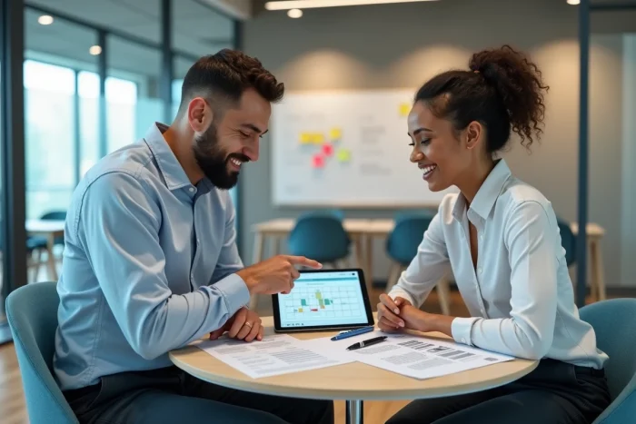 Deux collaborateurs d'une PME planifiant leur stratégie de visibilité en ligne dans un espace de coworking