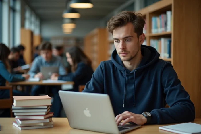 Étudiant résolvant un problème de connexion Eduservices à l'aide de son smartphone dans une bibliothèque universitaire
