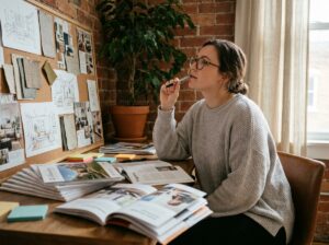 Étudiante comparant des brochures de formation en architecture d'intérieur à son bureau