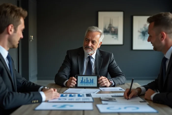 Homme d'affaires en costume rayé analysant des graphiques financiers lors d'une réunion stratégique, évoquant l'évaluation du patrimoine de Roger Erhart en 2024