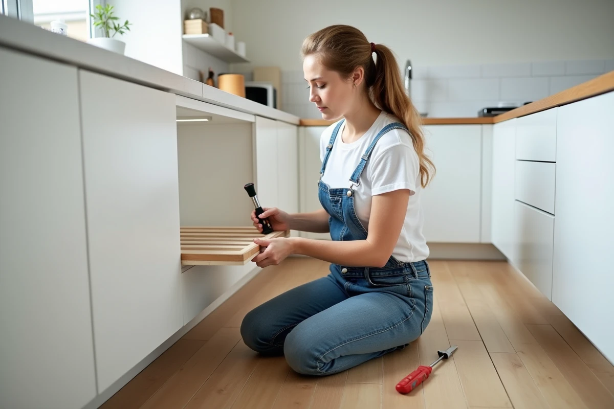 Jeune femme fixant une étagère flottante dans la cuisine