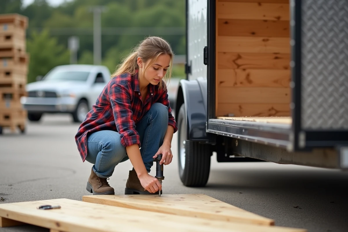 Femme en jeans fixant une planche dans une remorque extérieure