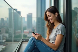 Femme souriante sur un balcon avec vue urbaine