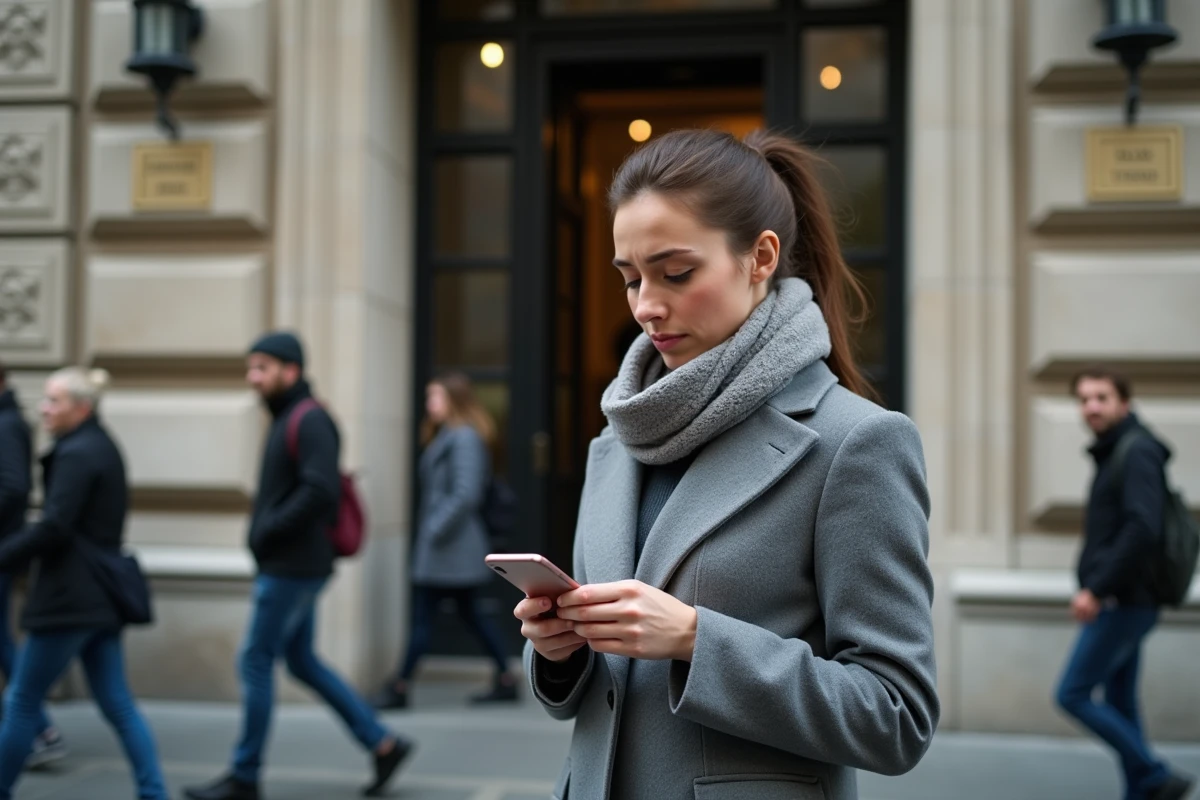 Jeune femme vérifiant son smartphone devant une banque