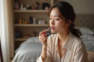 Femme appliquant du blush dans un vanity moderne