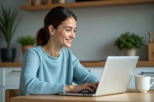 Jeune femme en sweater bleu naviguant sur un site de pharmacie