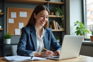 Femme souriante dans un bureau moderne analysant des données