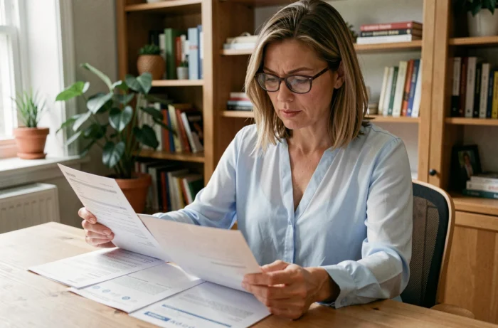 Femme comparant des documents d'assurance santé et de mutuelle à son bureau à domicile