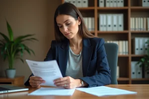 Femme consultant un contrat d'assurance Previlion à son bureau à domicile