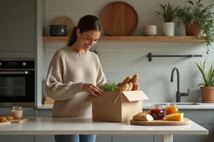 Femme déballant des produits artisanaux dans une cuisine chaleureuse