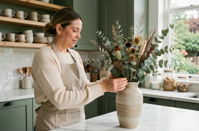Femme arrangeant des plantes séchées dans un vase en grès sur un comptoir de cuisine verte, astuces décoration maison tendance