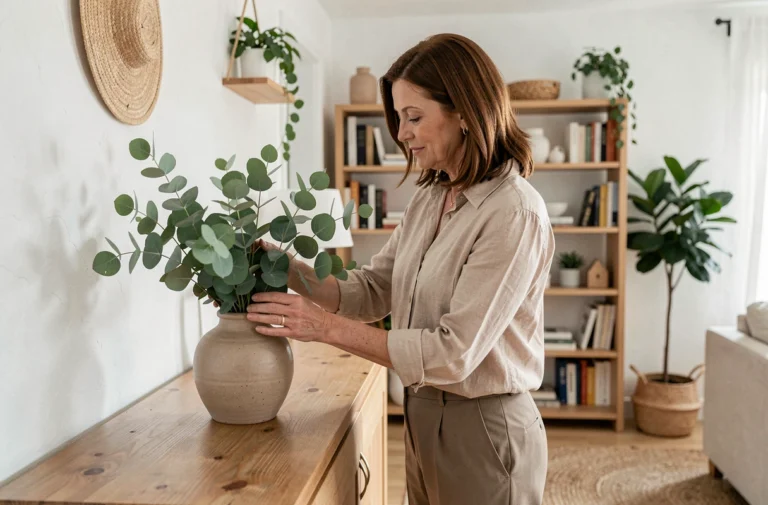 Femme arrangeant des branches d'eucalyptus dans un vase en céramique dans un salon scandinave épuré, ambiance maison et bien-être