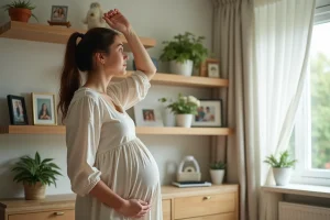 Femme enceinte dans un salon lumineux et cosy