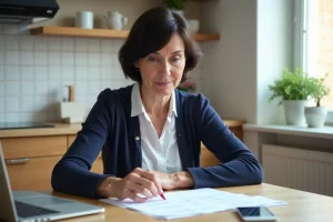 Femme concentrée avec documents de location dans une cuisine moderne