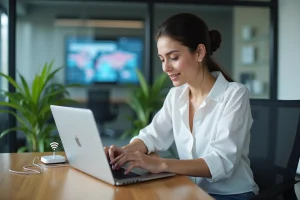 Jeune femme utilisant un ordinateur avec un récepteur LiFi dans un bureau moderne