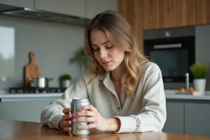 Femme regardant l'étiquette d'une canette de soda sans sucre