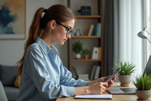 Jeune femme lisant des nouvelles digitales sur tablette dans un bureau