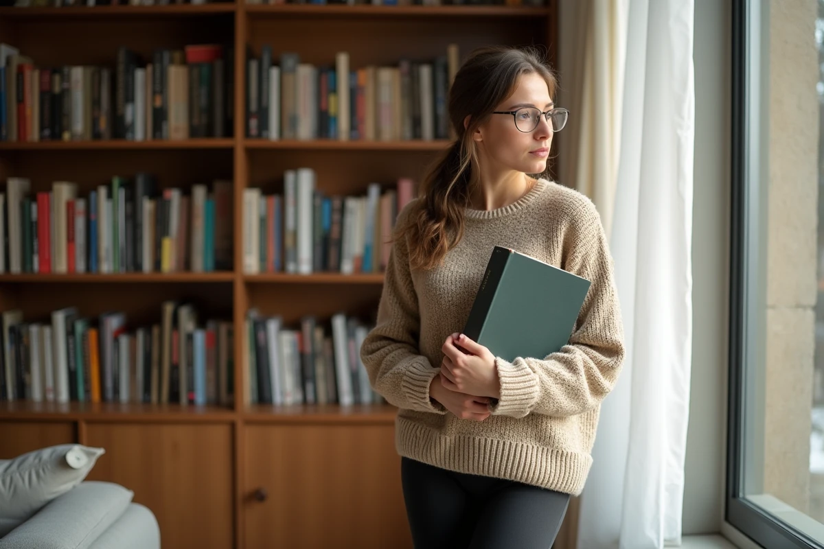 Jeune femme dans un salon avec bibliothèque lumineuse