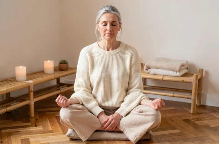 Femme mature en méditation dans un coin bien-être minimaliste avec coussins et bougies, atmosphère zen et maison apaisante
